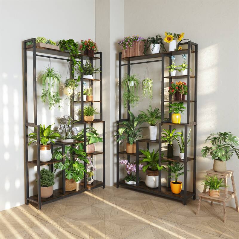 Tall Indoor Plant Stand Flower Holder Storage Stand with Hanging Rod or Clothes Rack