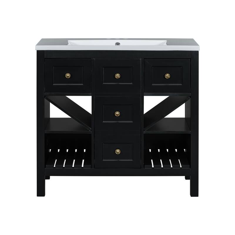 36" Bathroom Vanity with Resin Sink, 5 Drawers, Soft-Closing Doors, and Ample Storage - Freestanding Cabinet in Blue