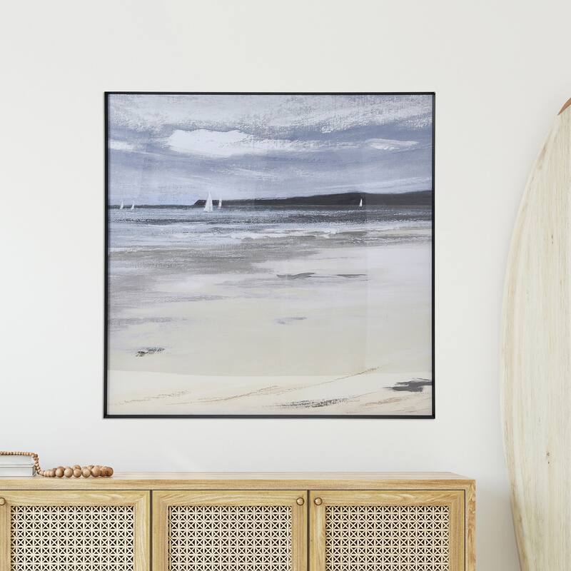 Watercolor Seascape Wall Décor, Ocean Horizon Print with Black Metal Frame