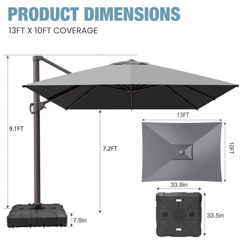 VredHom 10X13 FT Patio Outdoor Cantilever-Offset Umbrella with Base Stand