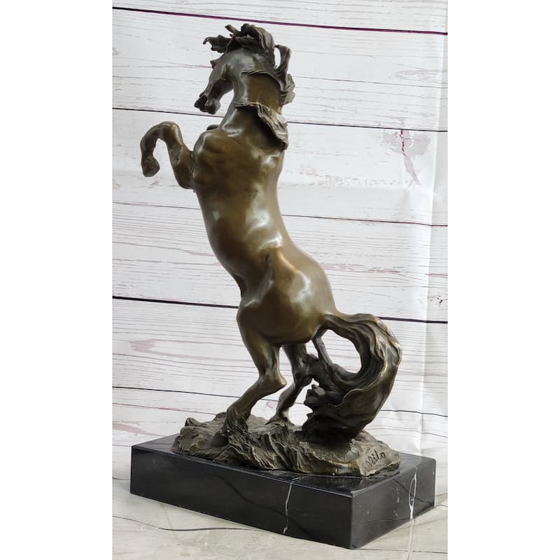 Rearing Imitative Horse Bronze Metal Statue Sculpture Figure On Marble Base