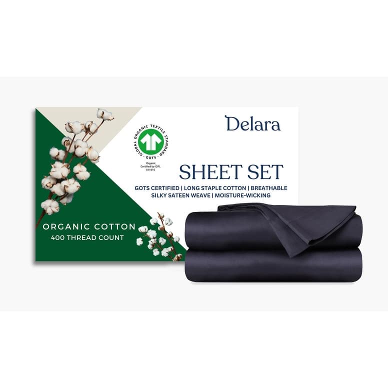 Delara GOTS Certified 100% Organic Cotton Sheet Sets, 400TC Long Staple Cotton, Ultra Soft, Moisture-Wicking,Smooth & Breathable - Twin (74"X105") - Dark Grey