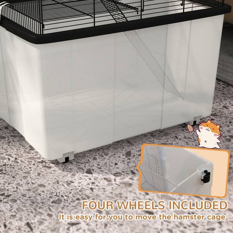 PawHut Hamster Cage, Gerbil Cage 2 Tier with Wheels, Deep Bottom, Ramp, Food Dish, Water Bottle, for Dwarf Hamster, Black
