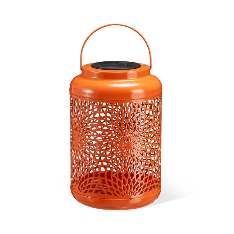 Glitzhome 8.75"H Outdoor Waterproof Metal Solar Hanging Lantern with Flower Leaves Decor