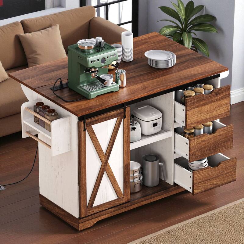55.5" Farmhouse Kitchen Island with Drop Leaf, Barn Door, Power Outlet, Drawers & Shelves, Rolling Cart on Wheels