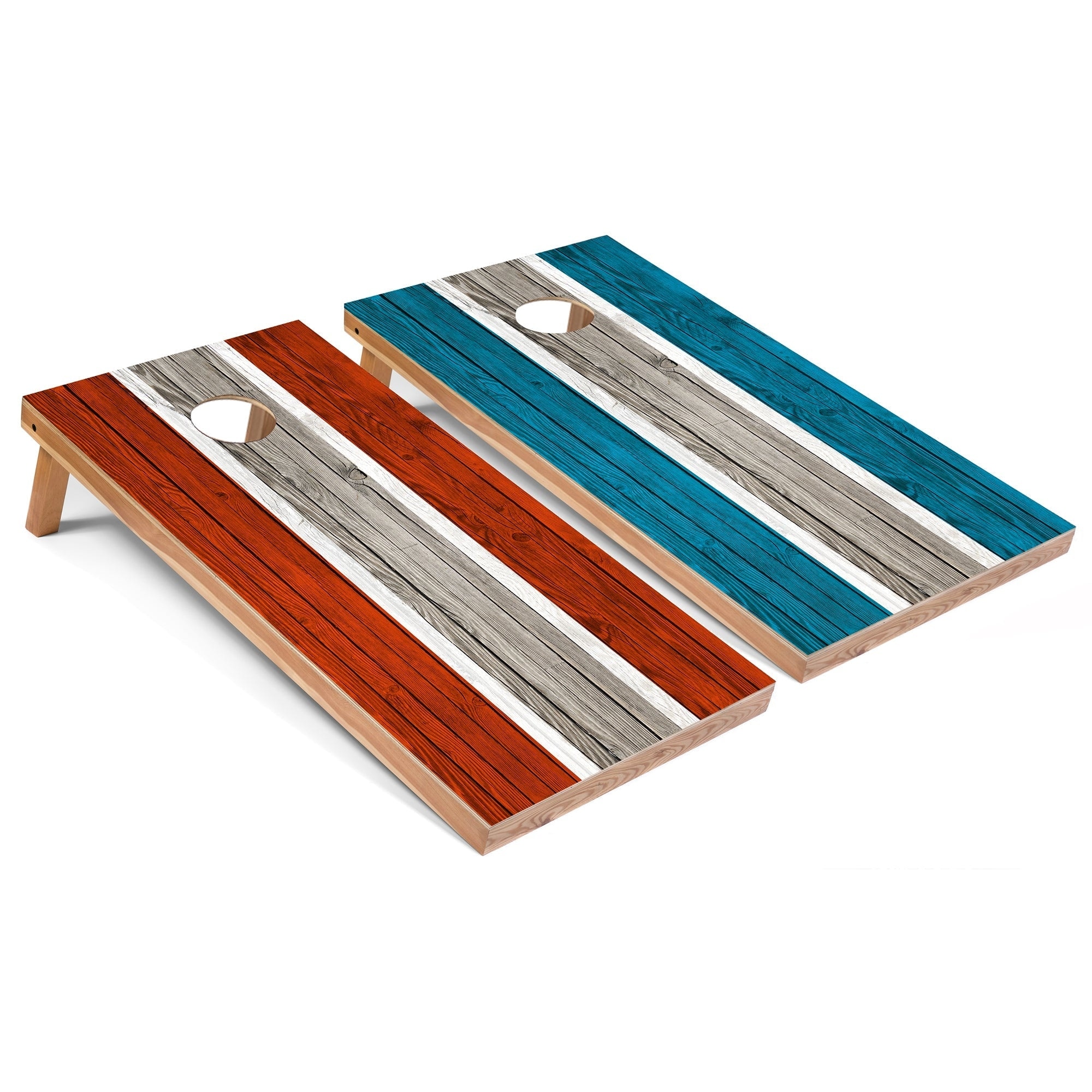 Solid Wood Cornhole Boards - Orange and Turquoise Stripes Design