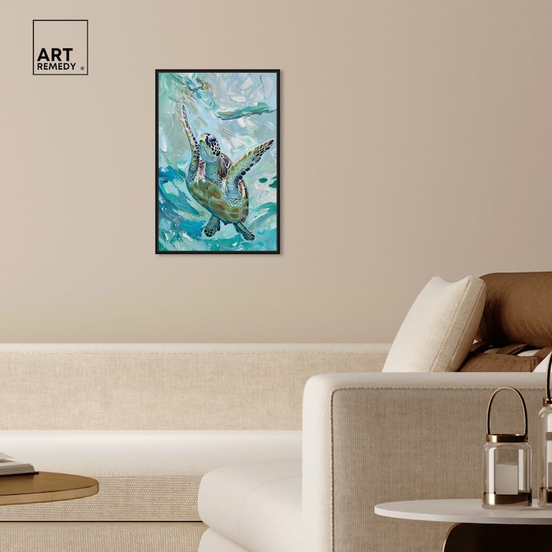 Art Remedy Serene Turtle Framed Colorful Coastal 1 Piece Canvas Wall Art