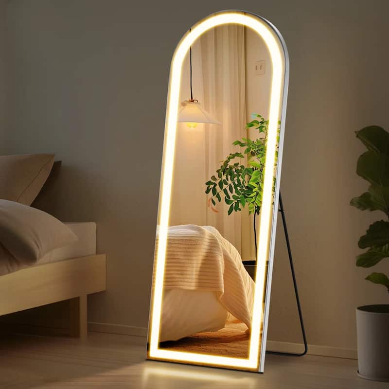 Arched Full Length Mirror with LED Lights, 26"x71" Lighted Floor Mirror with Dimming & 3 Color Lighting, Stand
