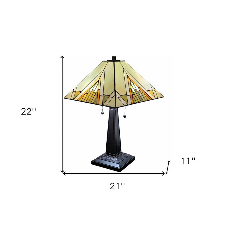 HomeRoots 23" Stained Glass Pyramid Style Two Light Mission Style Table Lamp - 21 x 22 x 11