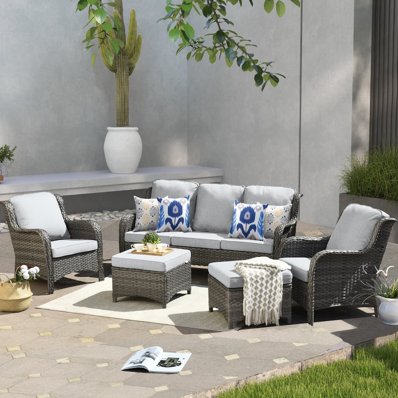 OVIOS 5-piece Patio Wicker High Back Conversation Set - Grey-Grey Wicker