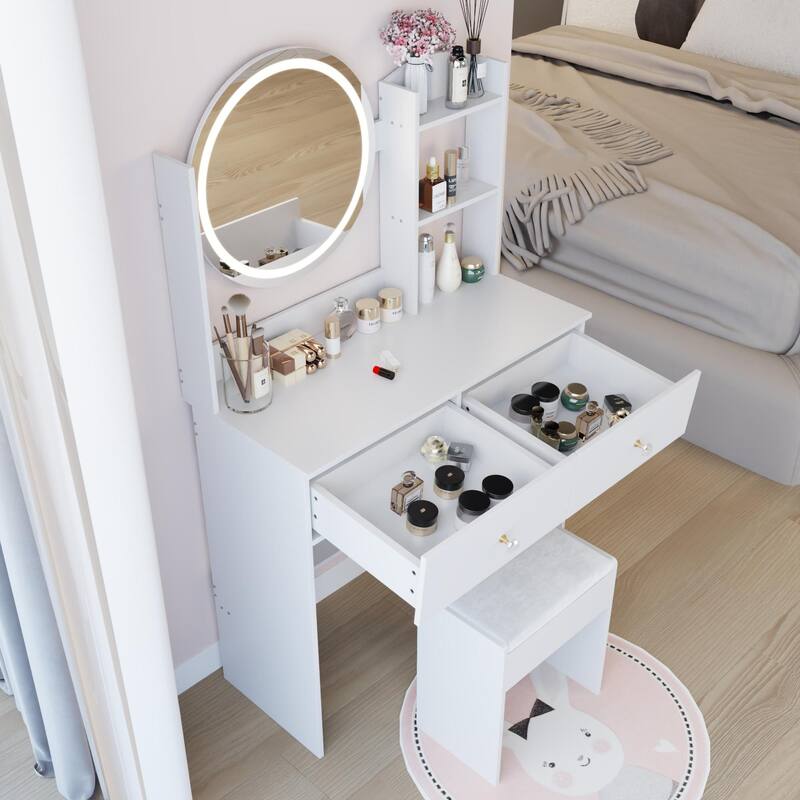Round LED Mirror Vanity Table, Dressing Set with Cushioned Stool, Makeup Cabinet with Touch Mirror & Multi-layer Storage