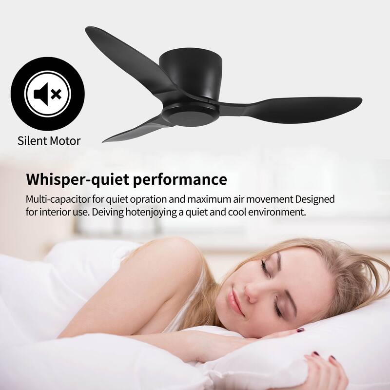 40" Flush Mount Ceiling Fan Without Light, 3 Blades 6 Speeds Reversible DC Motor Ceiling Fan - Black