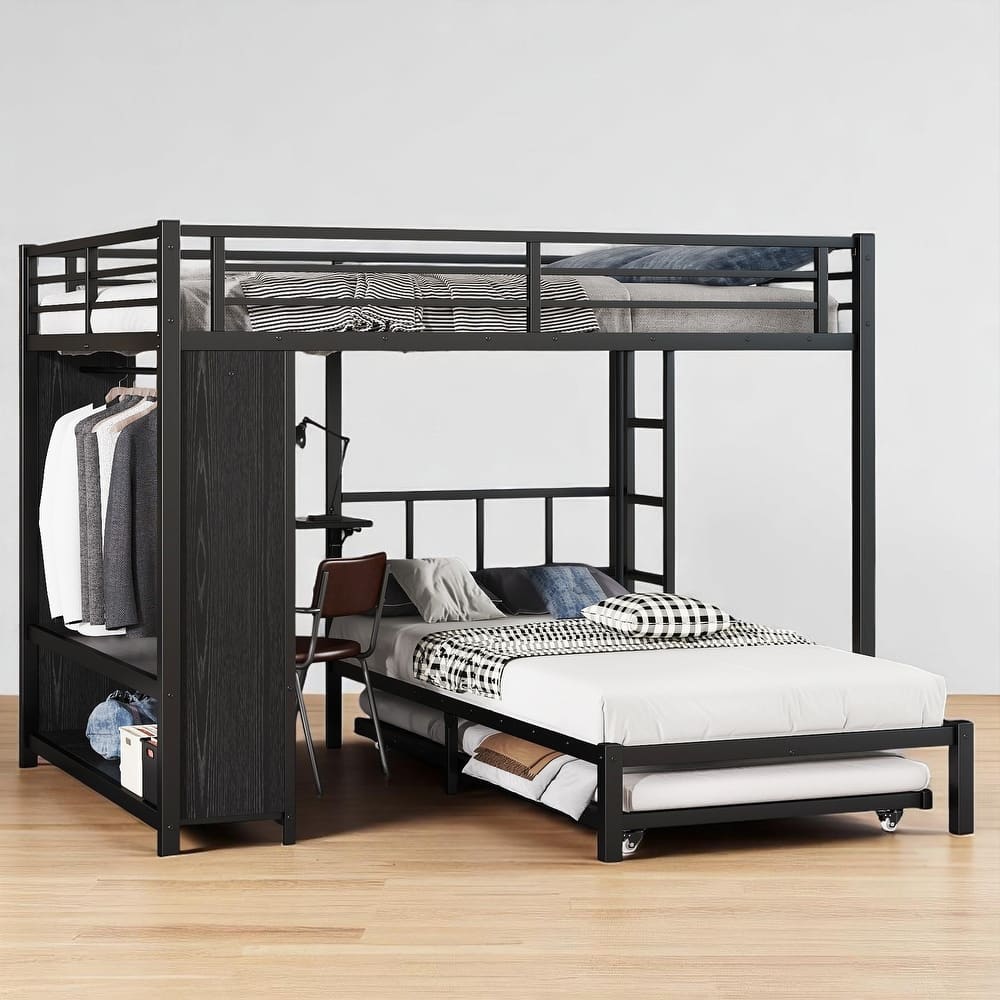 Metal Twin/Full/Queen Over Twin Bunk Bed with Trundle, Built-in Wardrobe, Foldable Desk, and Ladder, Black