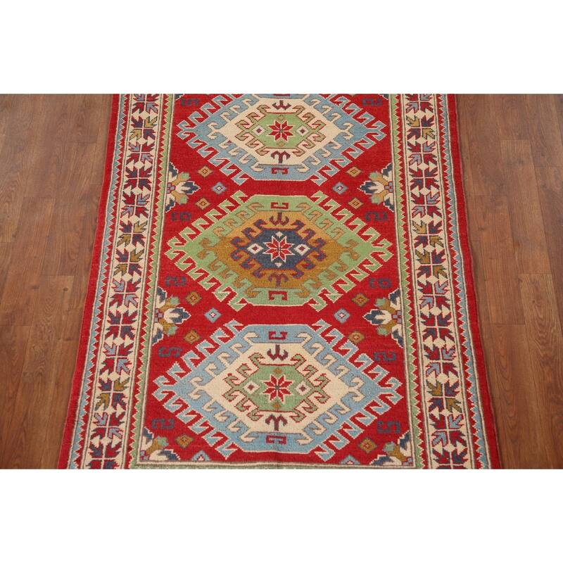 Geometric Red Kazak Oriental Rug Handmade Wool Carpet - 3'3"x 5'1"