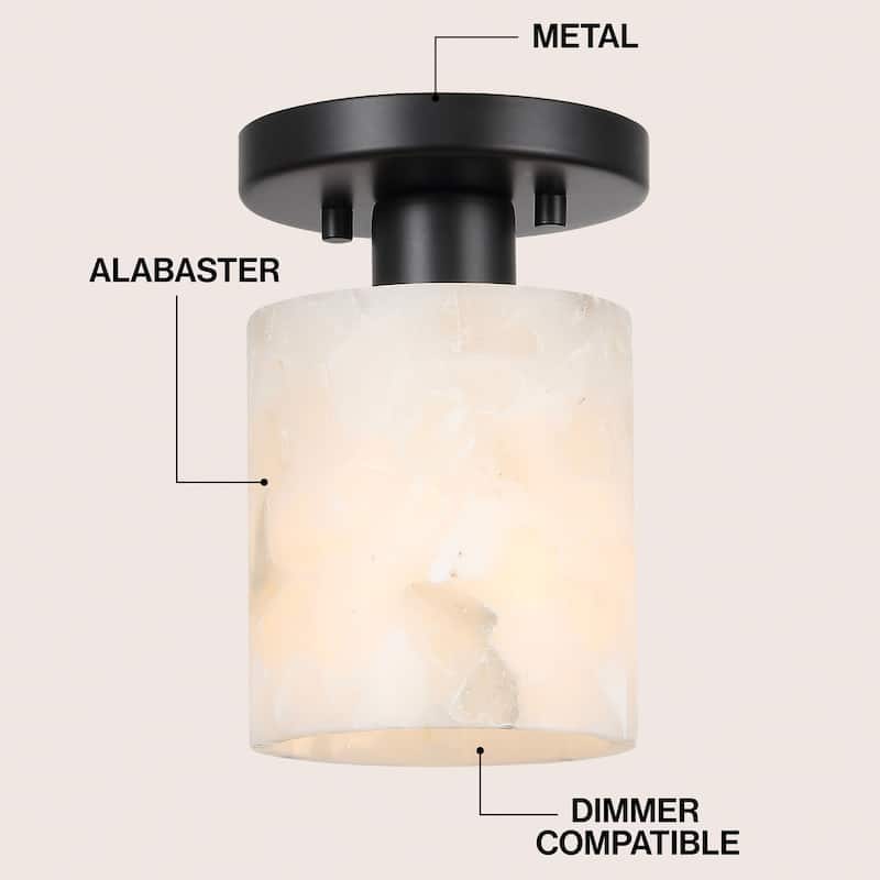Hadley 5.13" 1-Light Modern Contemporary Alabaster/Iron Cylinder LED Semi Flush Mount, White Marbling/Brass Gold by JONATHAN Y