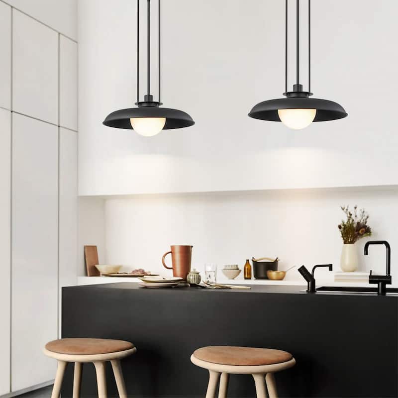 1-Light Modern Industrial Black Dome Pendant Island Light with Frosted Opal Glass Globe Shade