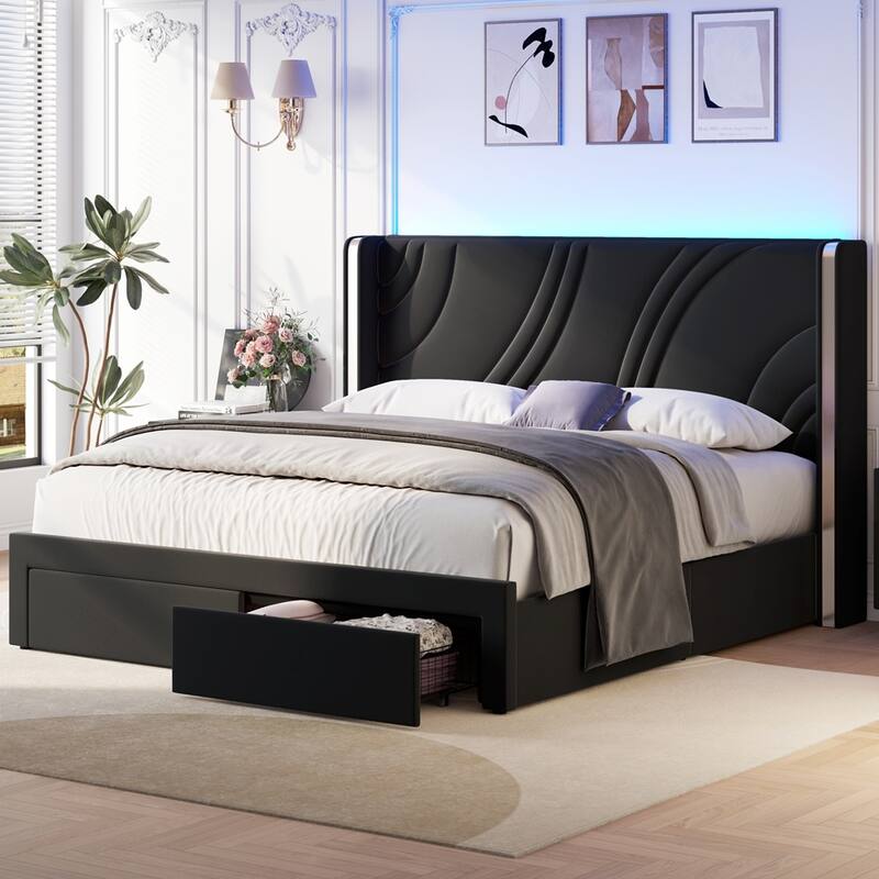 Modern Velvet Upholstered Platform Bed LED Bed Frame with Storage Drawers