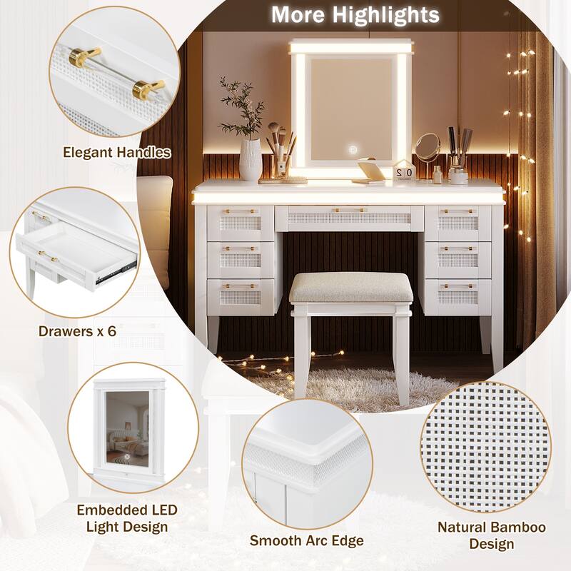 48" Makeup Vanity Desk with Mirror & Lights - 7 Drawers, Cushioned Stool