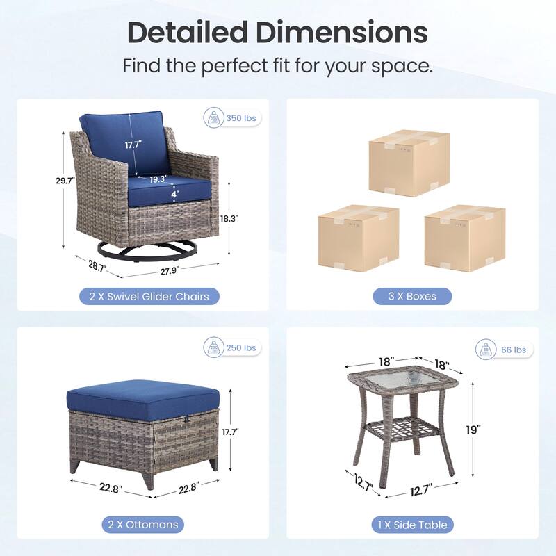 Pocassy Wicker Patio Glider Swivel Chair Ottoman Furniture Set.