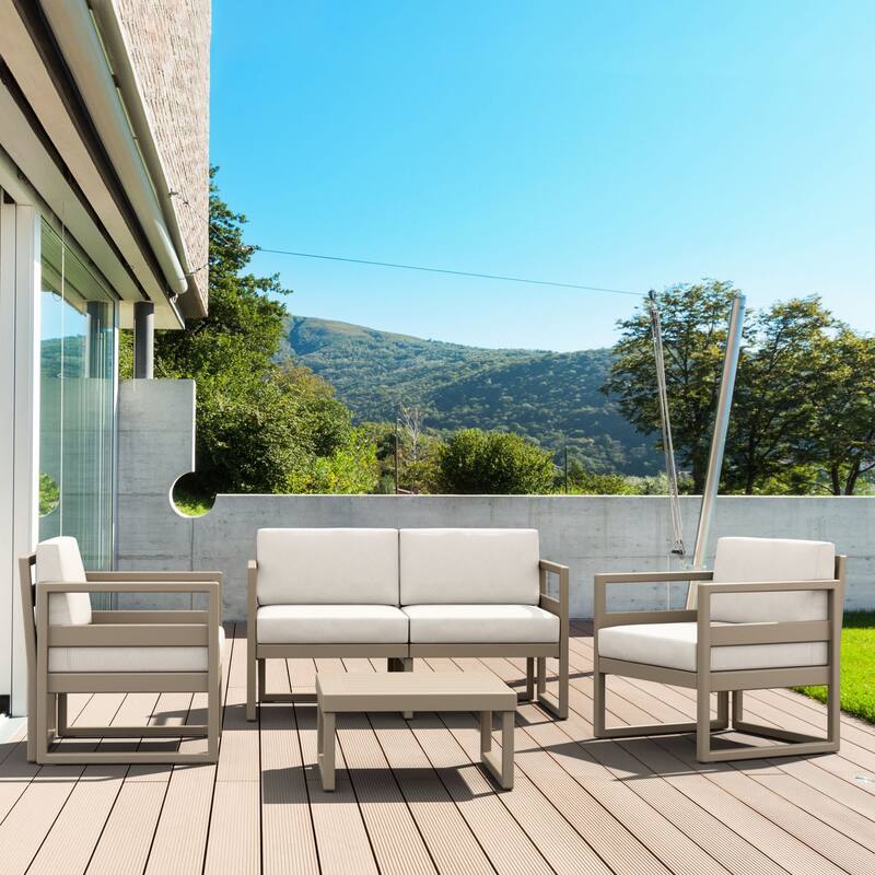 4 Piece Taupe Outdoor Patio Lounge Set with Natural Sunbrella Cushion 54.5"