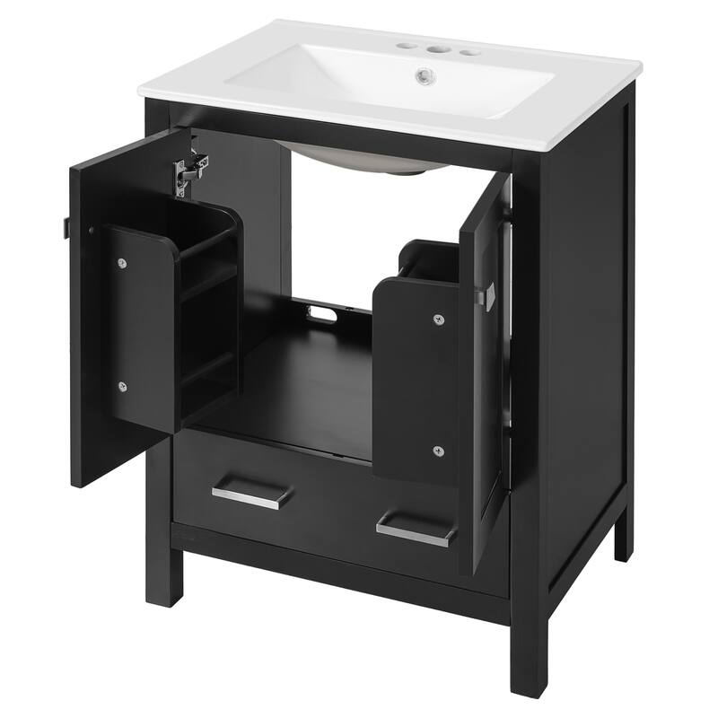 24-inch bathroom vanity with integrated undermount basin and a storage cabinet featuring 2 doors and 1 drawer.