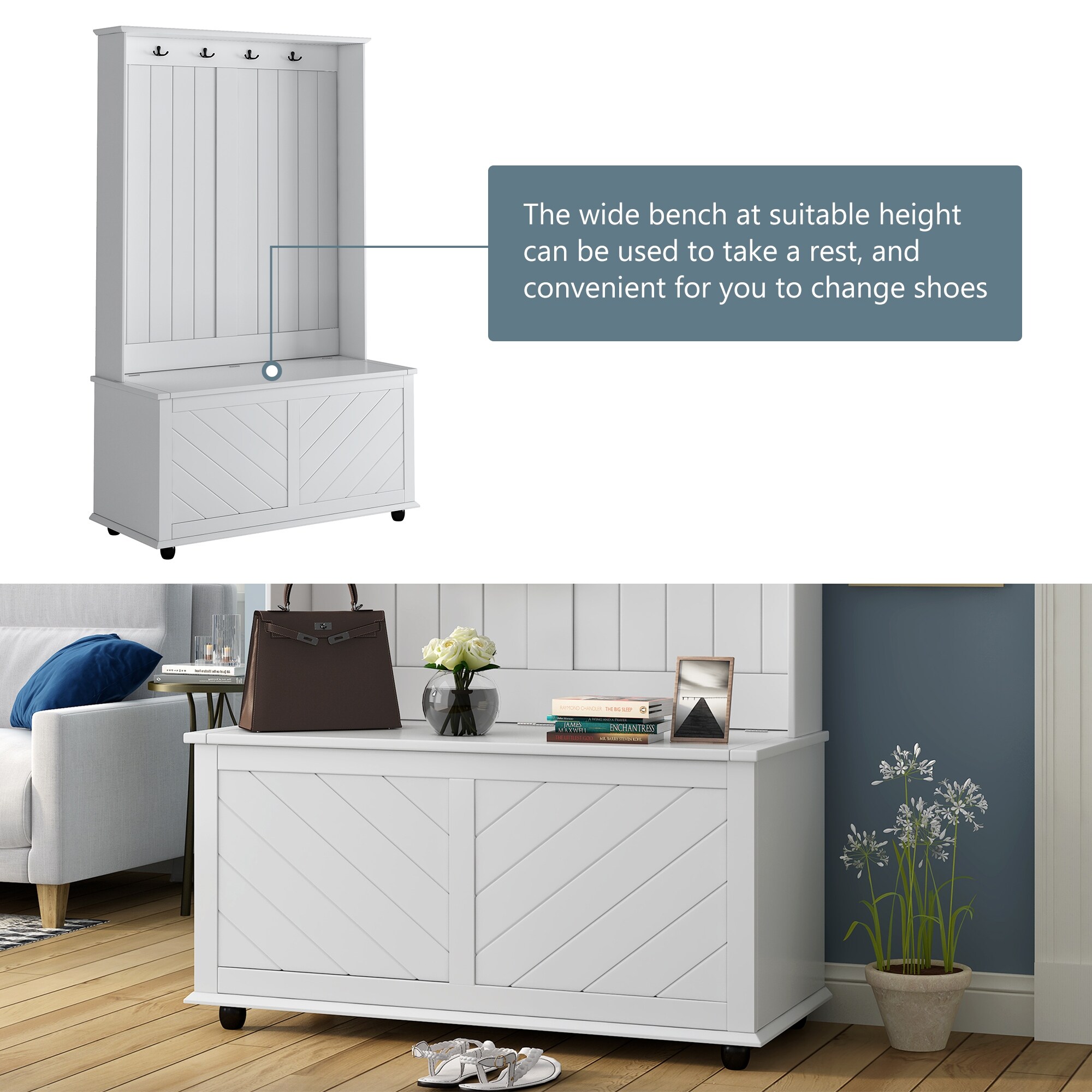 Hall Tree with 3-in-1 Wardrobe Entryway Coat Rack Storage Bench