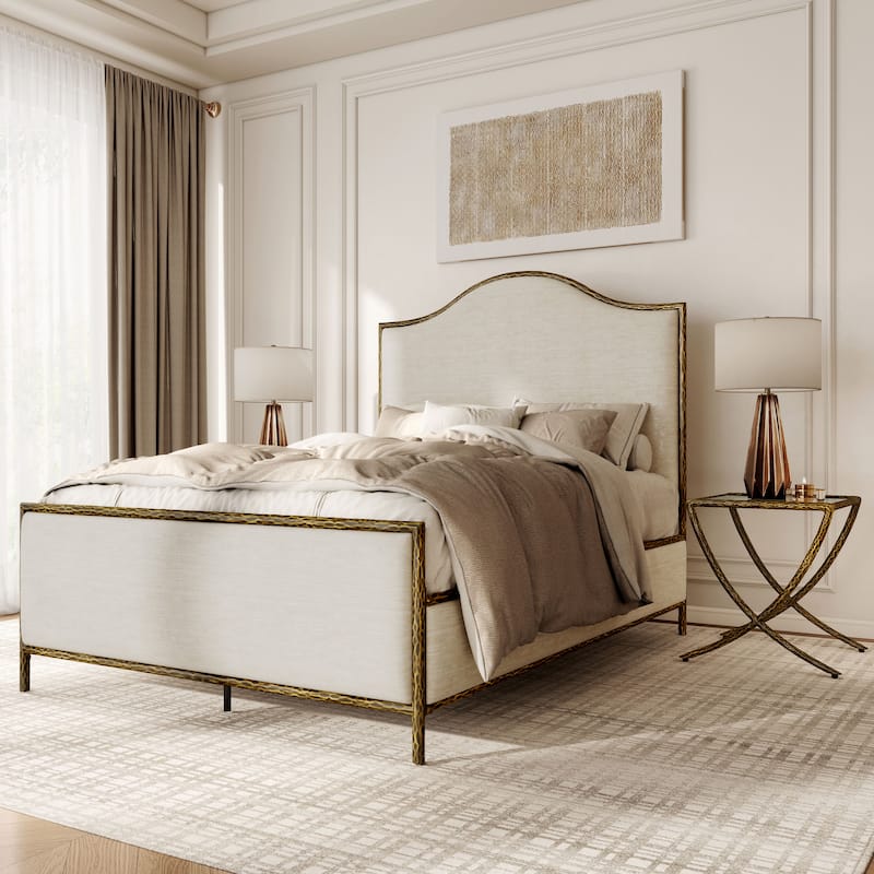 247 Shop At Home Lalia Modern 3-Piece Upholstered Hammered Metal Camelback Bedroom Set with 2 Nightstands