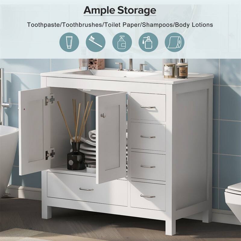 36'' Bathroom Vanity with Ceramic Sink Combo, Modern Bathroom Vanity Cabinet with 2 Soft Close Doors and 5 Storage Drawers