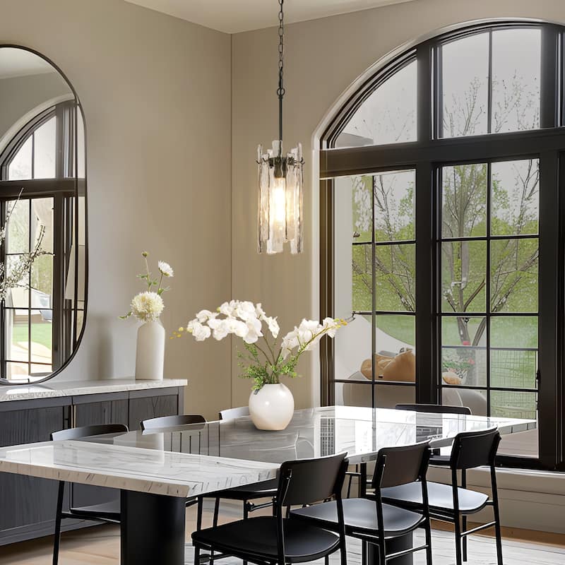Modern 1-Light Black Cylinder Pendant Light Texture Glass Island Light - D 7.9" x H 16.5"