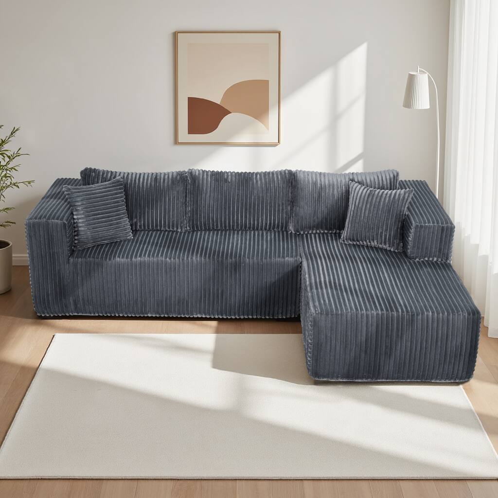 105" L-Shaped Gray Sofa, Foam, 6 Pillows, Vacuum-Packed, Space-Saving (Left Chaise)