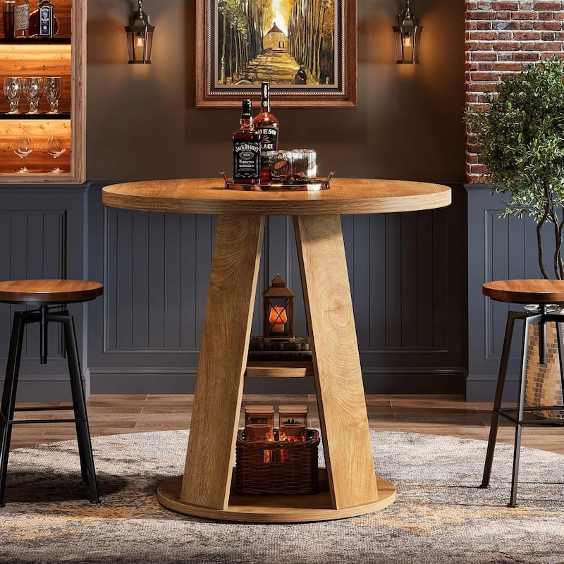 31.5" Small Round Wood Dining Kitchen Table for 2 with Storage Shelf - 31.5" W x 31.5" D x 29.5" H