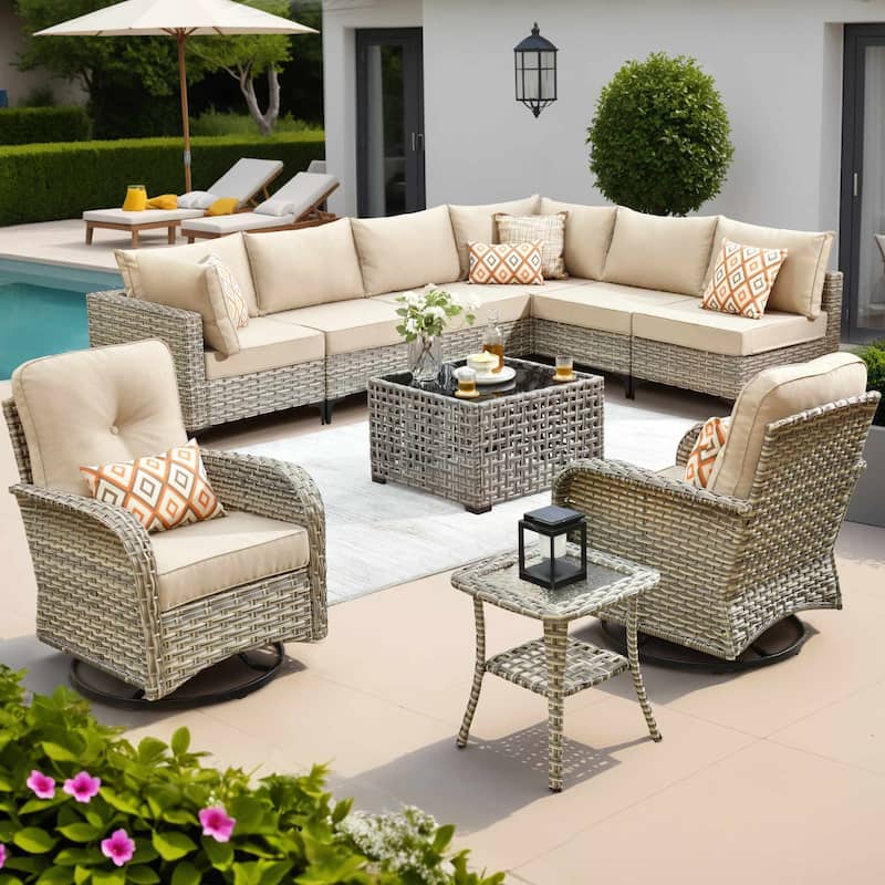 OVIOS 10 Pieces Outdoor Wicker Swivel Chair Set With Solar-Powered Coffee Table - Beige