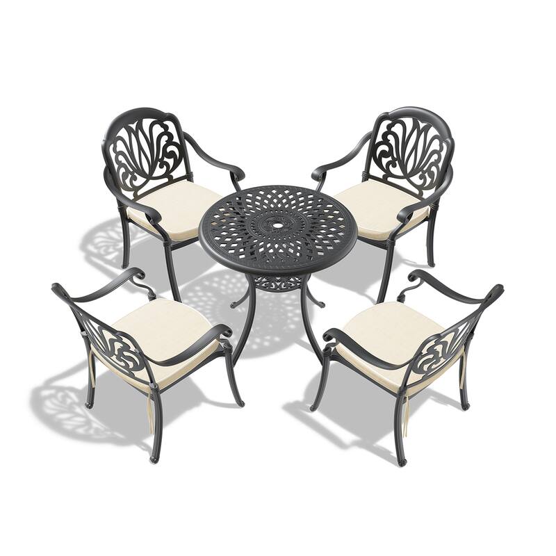 3/5-Piece Cast Aluminum Outdoor Dining Set with 30.71 in. Round Table and Random Color Cushions