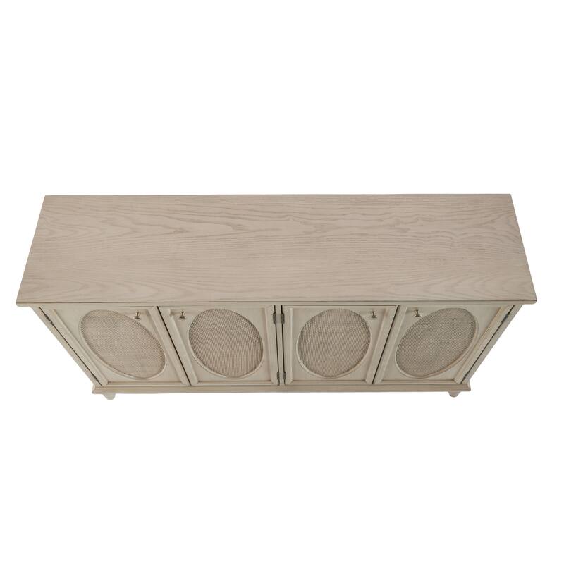 Wooden Geometric Washed Oval Rattan Front 4 Door Sideboard with Round Silver Knobs - Light Gray - Roche River Decor