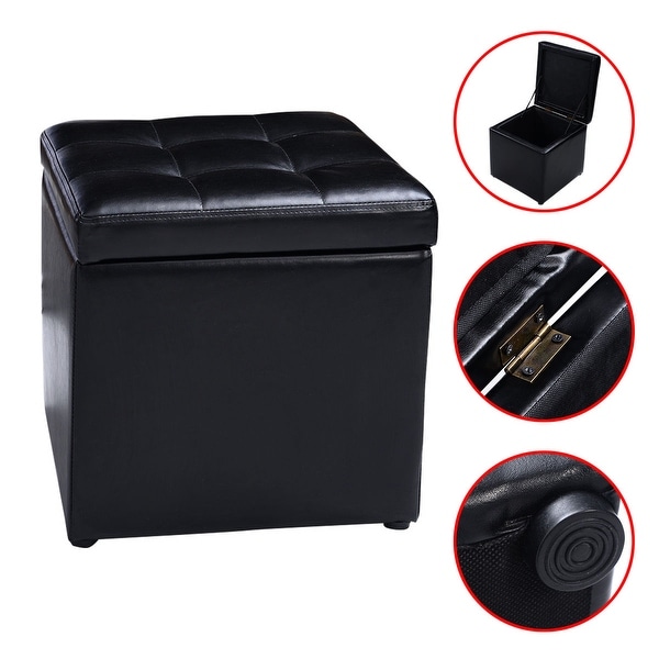 Costway 16''Cube Ottoman Pouffe Storage Box Lounge Seat Footstools with Hinge Top black