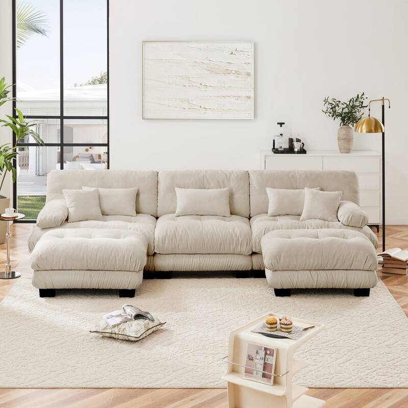 Modular U-shaped Deep Seat Sectional Sofa Couch with 2 Ottomans and Pillows - Light Coffee 
