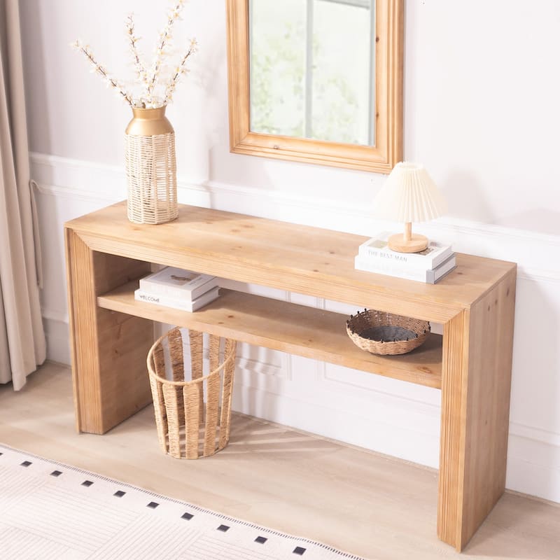 Modern Farmhouse Rustic Solid Wood Console Table with Storage Shelf