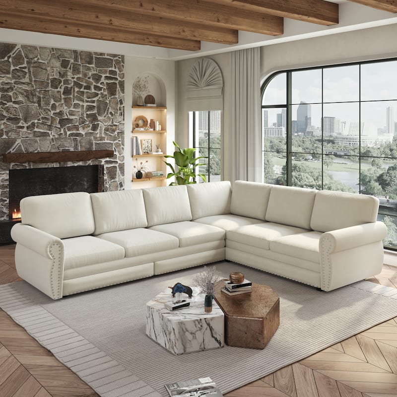 L-Shaped Sofa Couch with Pull-Out Bed, Convertible Sleeper Sofa with Nailhead Trim & Rolled Arms, Chenille Upholstered Couch
