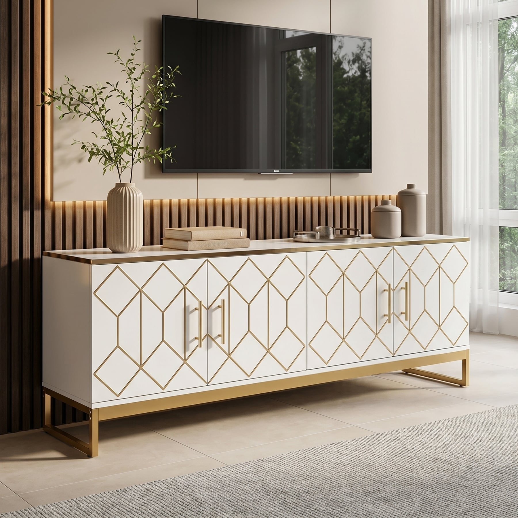 White Gold Geometric TV Stand with Doors, 63" Modern Media Console TV Cabinet