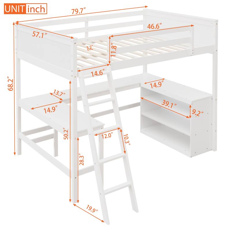Full Size Wooden Loft Bed with Shelves and Desk in White