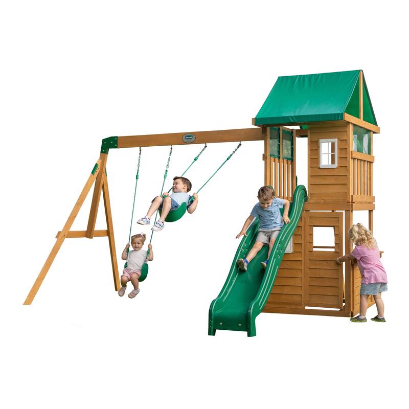 Backyard Discovery Fall River Nordic Spruce Swing Set, Clubhouse - Brown - Swing Set - Kids