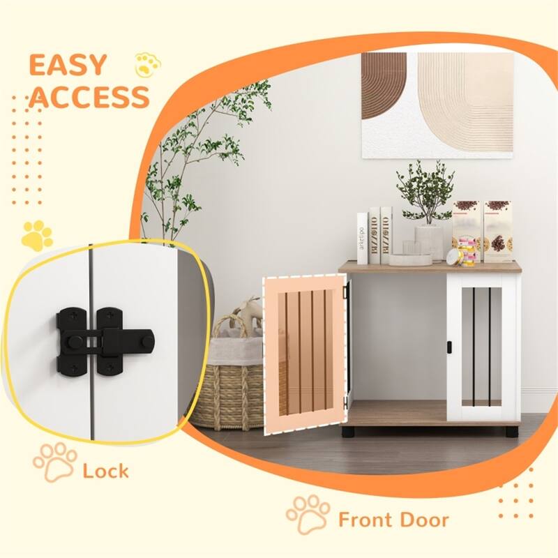 Walnut Brown and White Dog Crate with Front Door Adjustable Feet Woodgrain Finish Side Table Function
