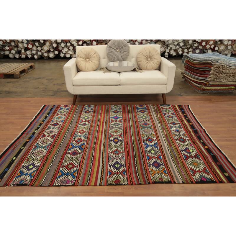 Hand Woven Oriental 100% Wool Carpet Southwestern Tribal Multi-Colored Kilim Area Rug - 7' 2'' X 6' 0''