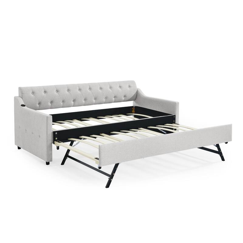 Twin Size Upholstery Sofa Bed with Twin Size Erectable Trundle and USB Charging Design