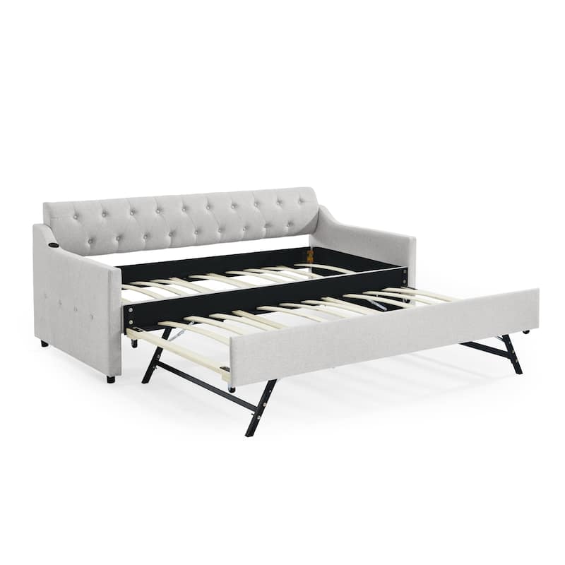 Upholstery Daybed with Twin Size Erectable Trundle and USB Charging Design