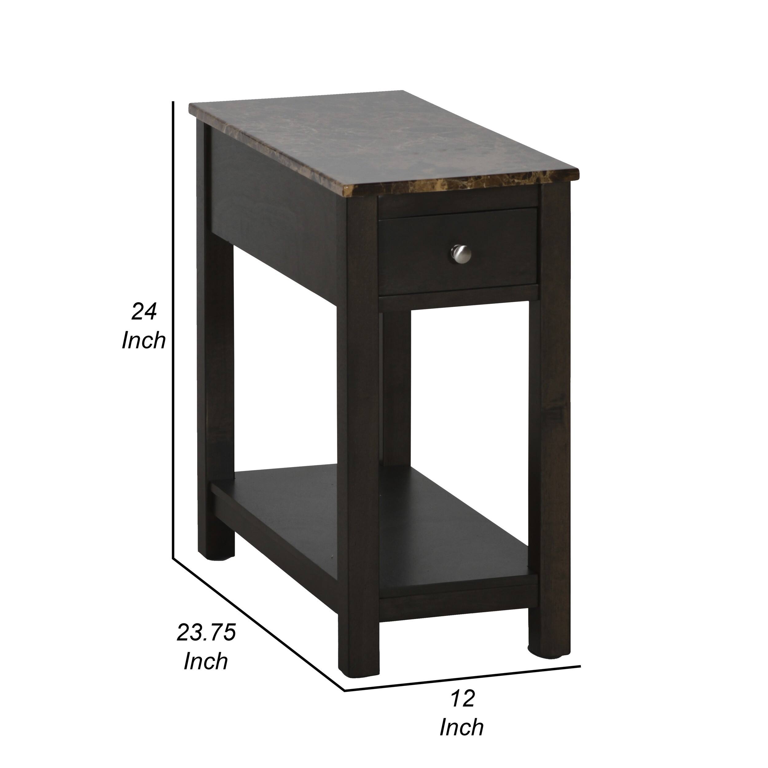 Zeva 24 Inch Narrow Side End Table, Faux Marble Top, 1 Drawer, Brown