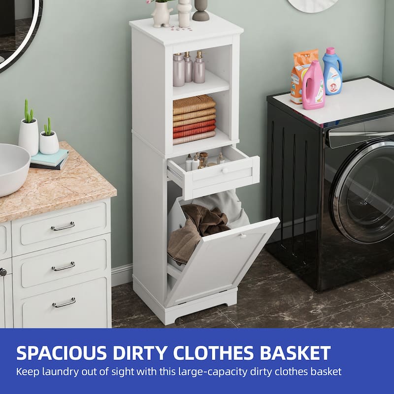 53 Inch Tall Tilt Out Laundry Hamper Cabinet with Hidden Basket and Storage Drawer