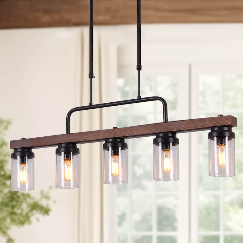 Modern Farmhouse 5-Light Wood Linear Chandelier Cylinder Glass Pendant Lights for Dining Room - 38.5"L x 12"H