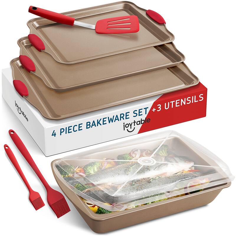 JoyTable Bakeware Set - Nonstick Bakeware Set With Silicone Handles & Utensils - 8 Piece Set - Brown