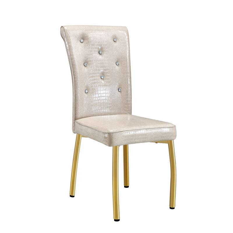 A set of 2 vintage crocodile leather cushioned dining chairs, featuring crystal clasp design and artificial leather design